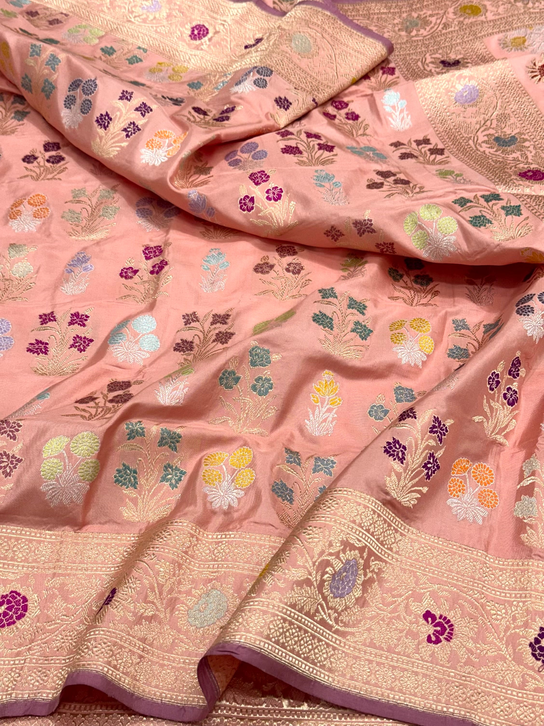 Peach 100% Pure Banarasi Double Katan Mulberry Silk Handwoven Saree | Kadhwa Technique |