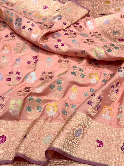 Peach 100% Pure Banarasi Double Katan Mulberry Silk Handwoven Saree | Kadhwa Technique |