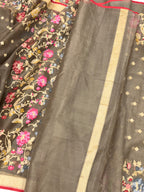 Antique Bronze Pure Kora Organza Silk Jamdani Handwoven Banarasi Saree