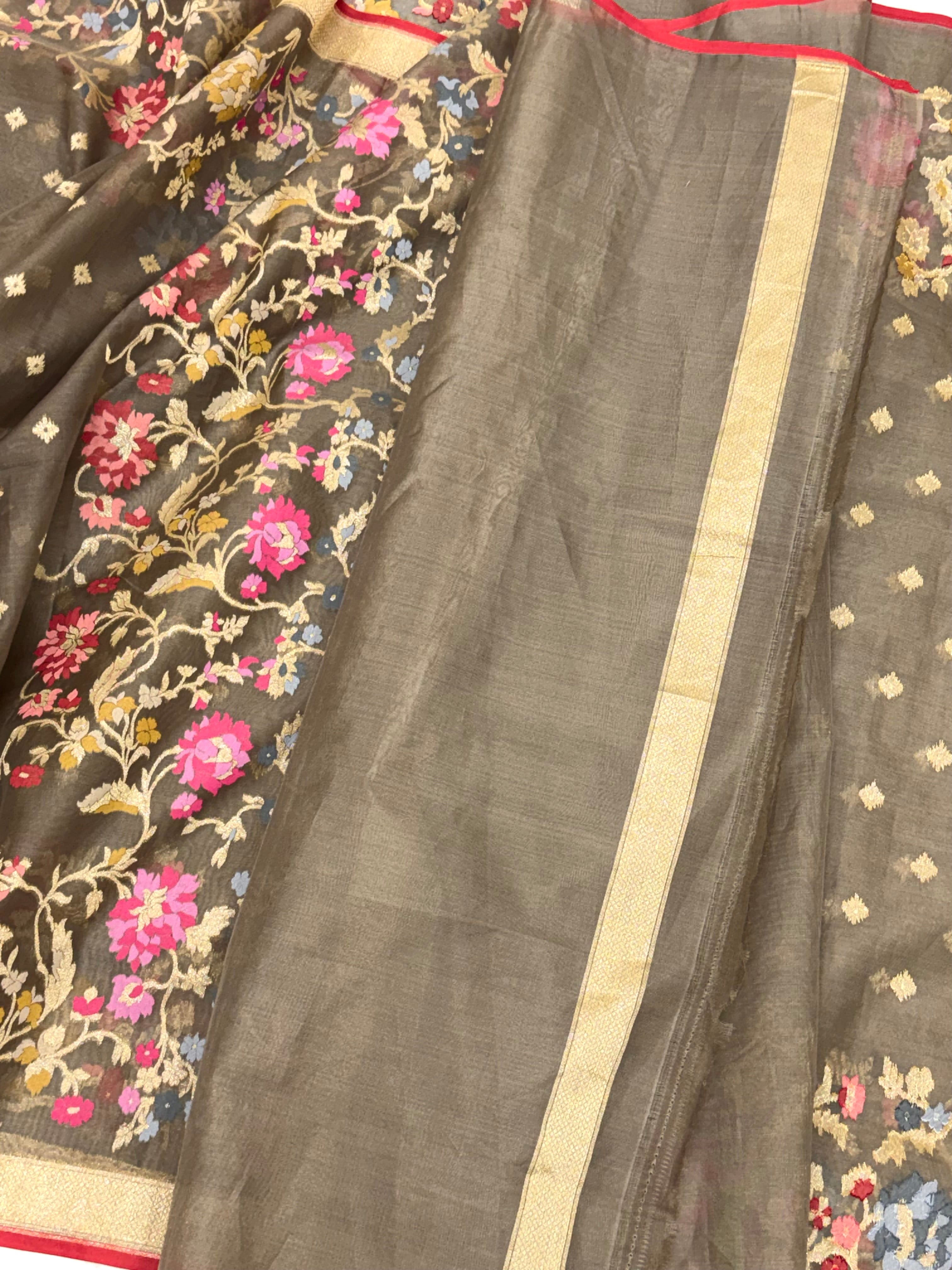 Antique Bronze Pure Kora Organza Silk Jamdani Handwoven Banarasi Saree