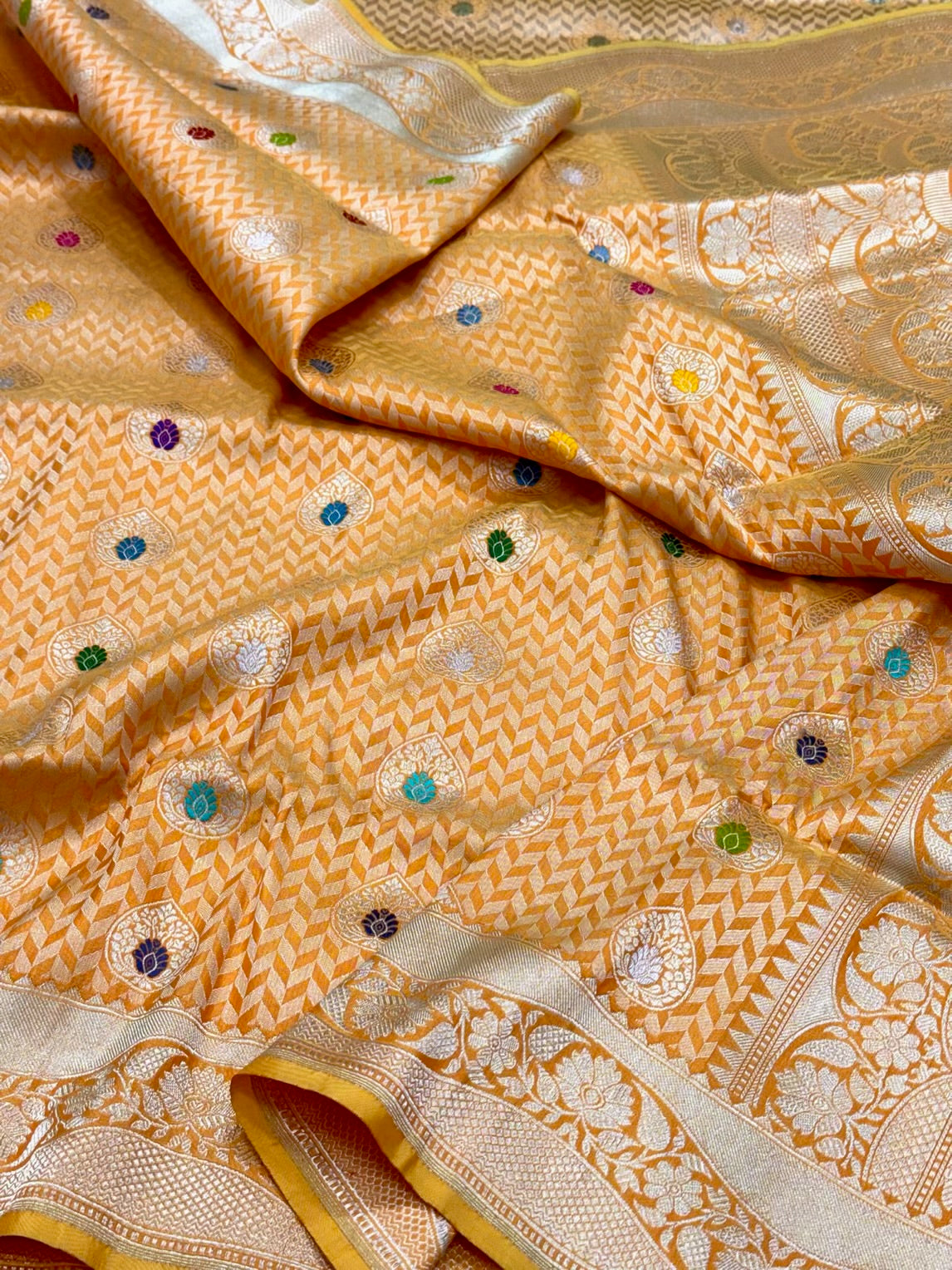 Yellow Orange Pure Katan Silk Saree- Pure Mulberry Silk | Kadhwa + Brocade Weaving Handwoven Banarasi Saree