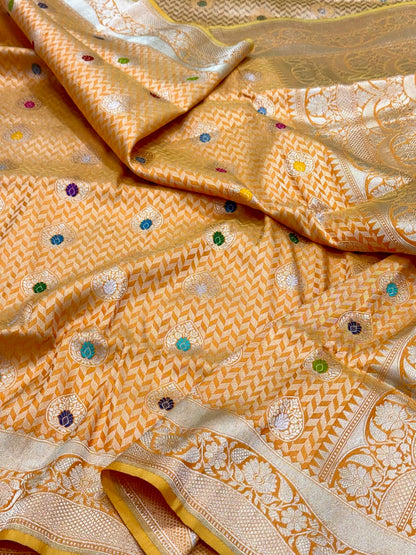 Yellow Orange Pure Katan Silk Saree- Pure Mulberry Silk | Kadhwa + Brocade Weaving Handwoven Banarasi Saree