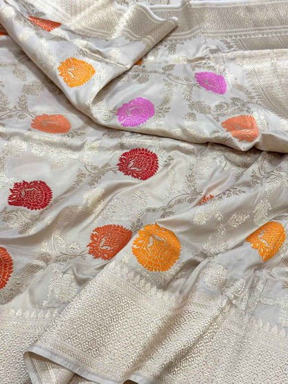 Natural Ivory Pure Mulberry Silk | Pure Katan Silk Banarasi Handwoven Premium Saree
