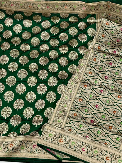 Bottle Green Pure Katan Mulberry Silk Handloom Banarasi Saree