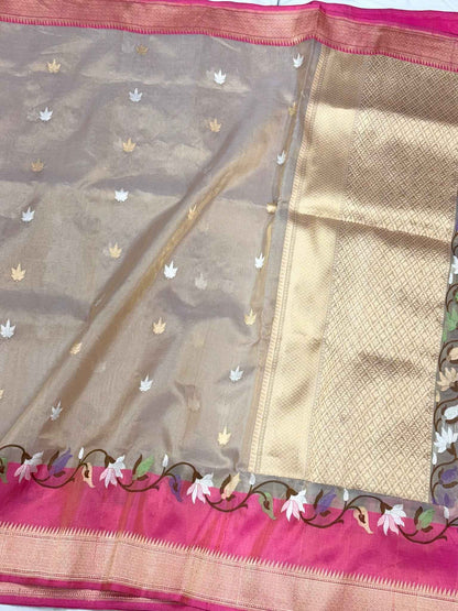 Beige Modern Banarasi Saree | Pure Kora Silk & Tissue Silk Handwoven | Kadhwa Technique | Authentic Banarasi Saree