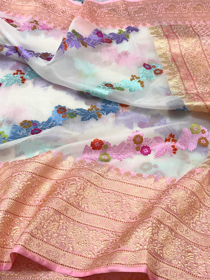 Pearl White/Candy Pink Pure Mulberry Kora Organza Silk Handwoven - Kadhwa Technique Elegant Modern Banarasi Saree | Effortless Drape