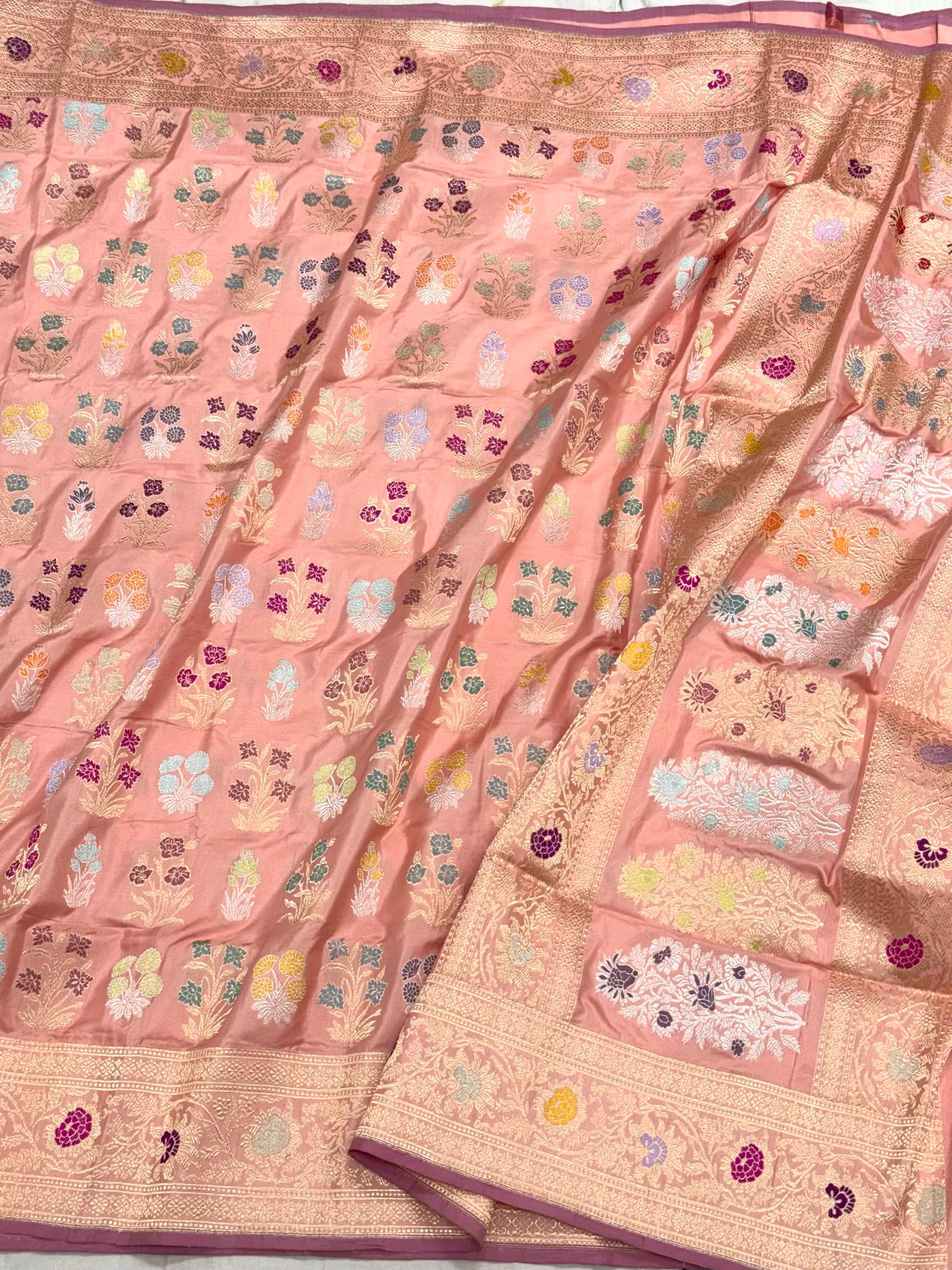 Peach 100% Pure Banarasi Double Katan Mulberry Silk Handwoven Saree | Kadhwa Technique |