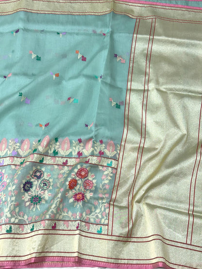 Aqua Blue Pure Kora Silk Jamdani Handwoven Banarasi Saree - Pure Mulberry Silk Skirt Border Saree