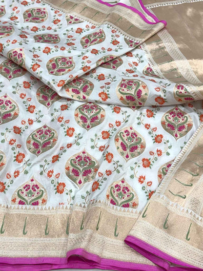 Pearl White Pure Katan Silk & Mulberry Silk | Authentic Handloom Banarasi Saree