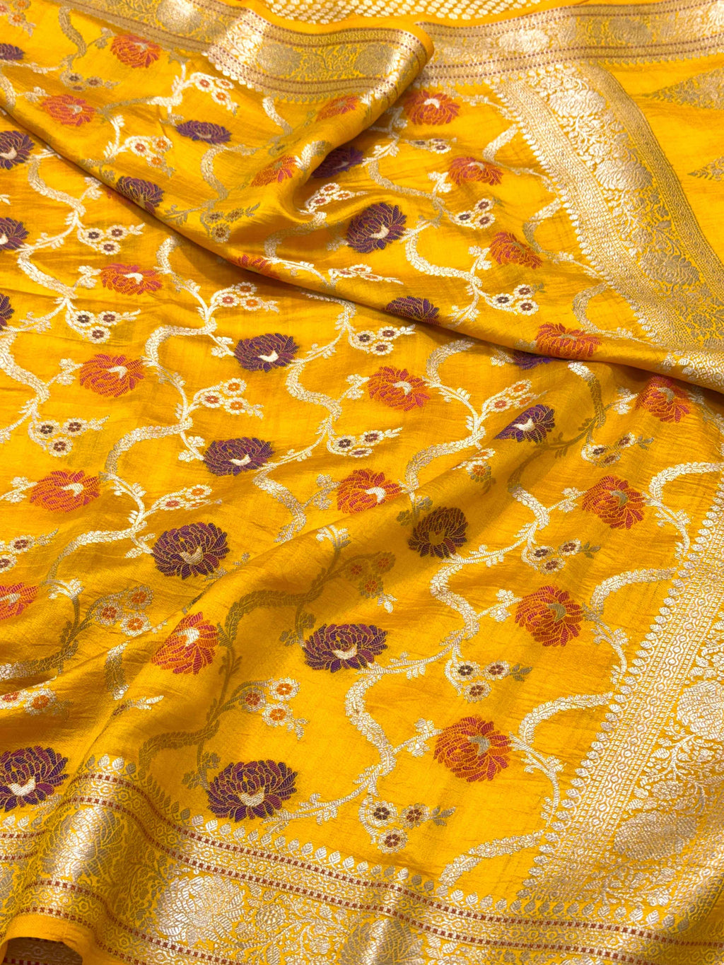 Yellow Pure Mulberry Chiniya Silk Meenakari  Banarasi Saree- Lightweight