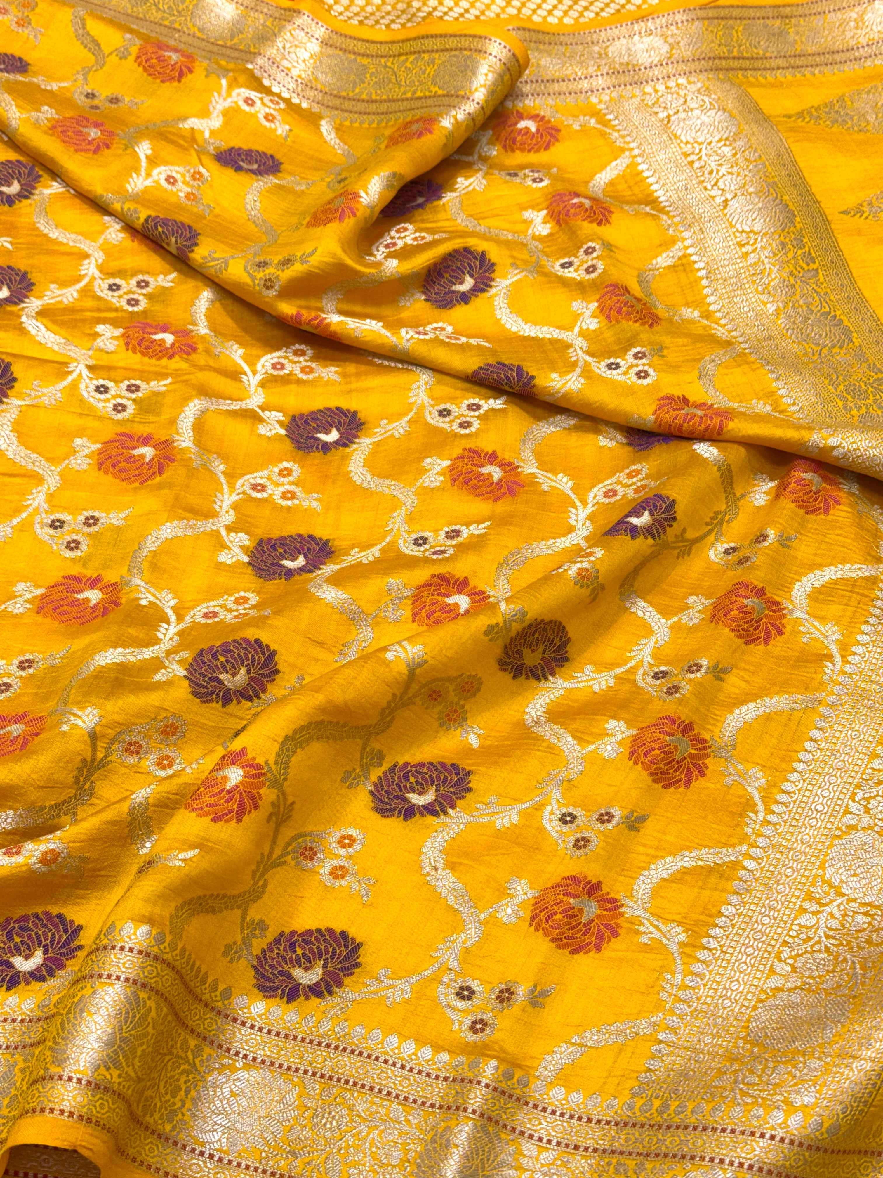 Yellow Pure Mulberry Chiniya Silk Meenakari  Banarasi Saree- Lightweight