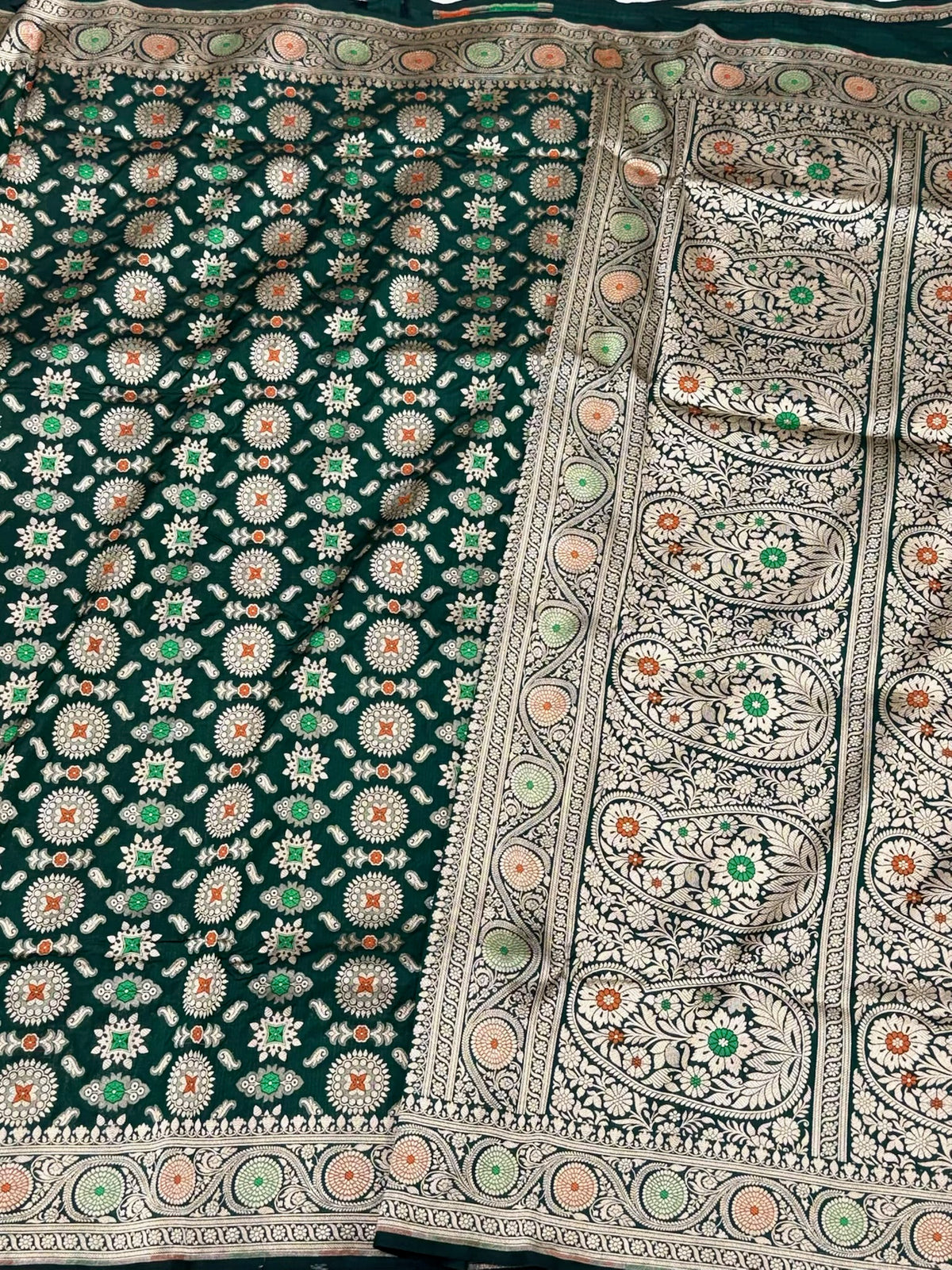 Bottle Green Pure Katan Mulberry Silk Handloom Banarasi Meenakari Saree