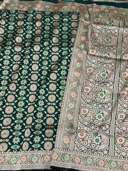 Bottle Green Pure Katan Mulberry Silk Handloom Banarasi Meenakari Saree