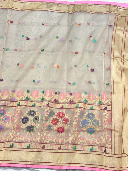 Ivory Pure Kora Silk Handwoven Banarasi Saree - Pure Mulberry Silk Skirt Border Saree