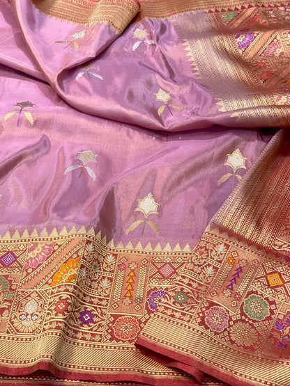 Lilac Pink Handwoven Banarasi Saree | Pure Double Katan Tissue Silk Saree - Kadhwa weave