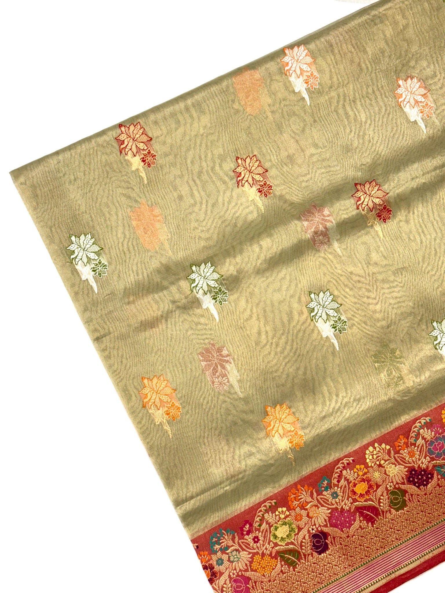 Green Pastel Kora Tissue Pure Handwoven Saree