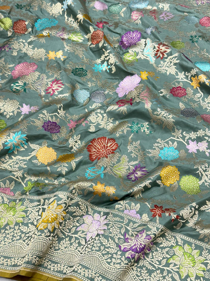 Dusty Sea Green Exclusive Premium Banarasi Luxury Saree | Pure Double Katan Mulberry Silk - Kadhwa Technique ( Handwoven ) Banarasi Saree