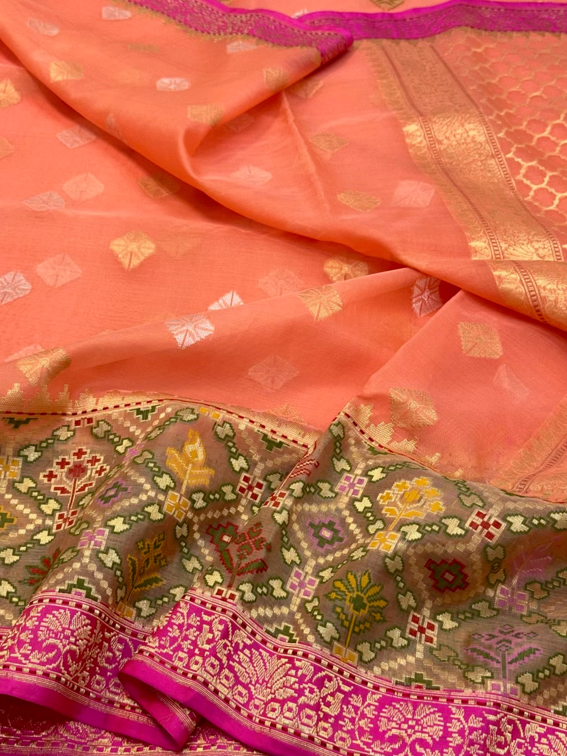Peach Orange Pure Kora Silk Handwoven Banarasi Saree - Pure Mulberry Silk Patola Touch Saree