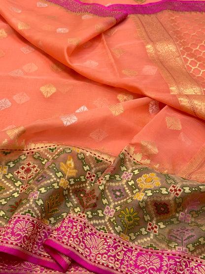 Peach Orange Pure Kora Silk Handwoven Banarasi Saree - Pure Mulberry Silk Patola Touch Saree