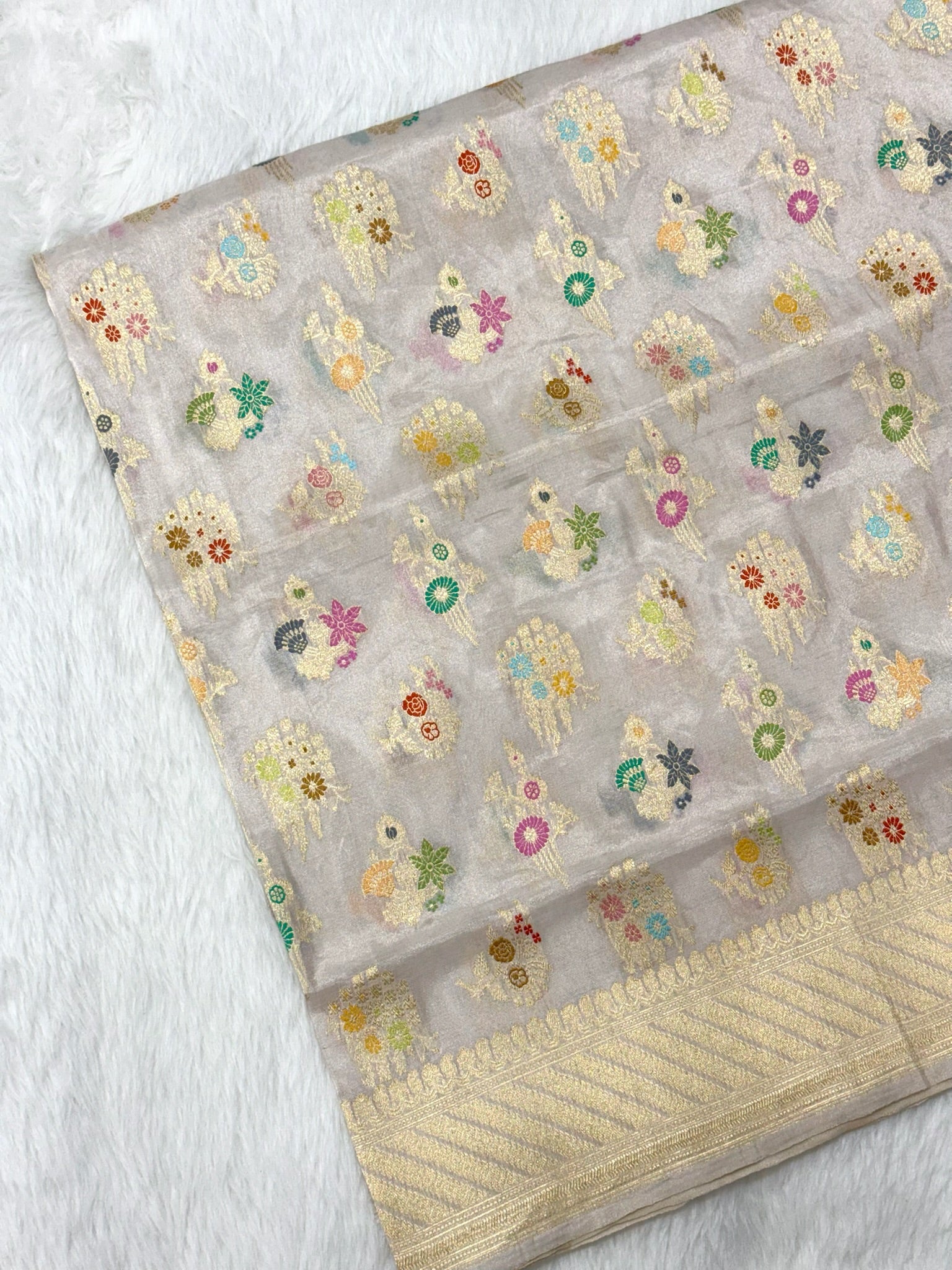 White Katan Tissue Pure Handwoven Saree