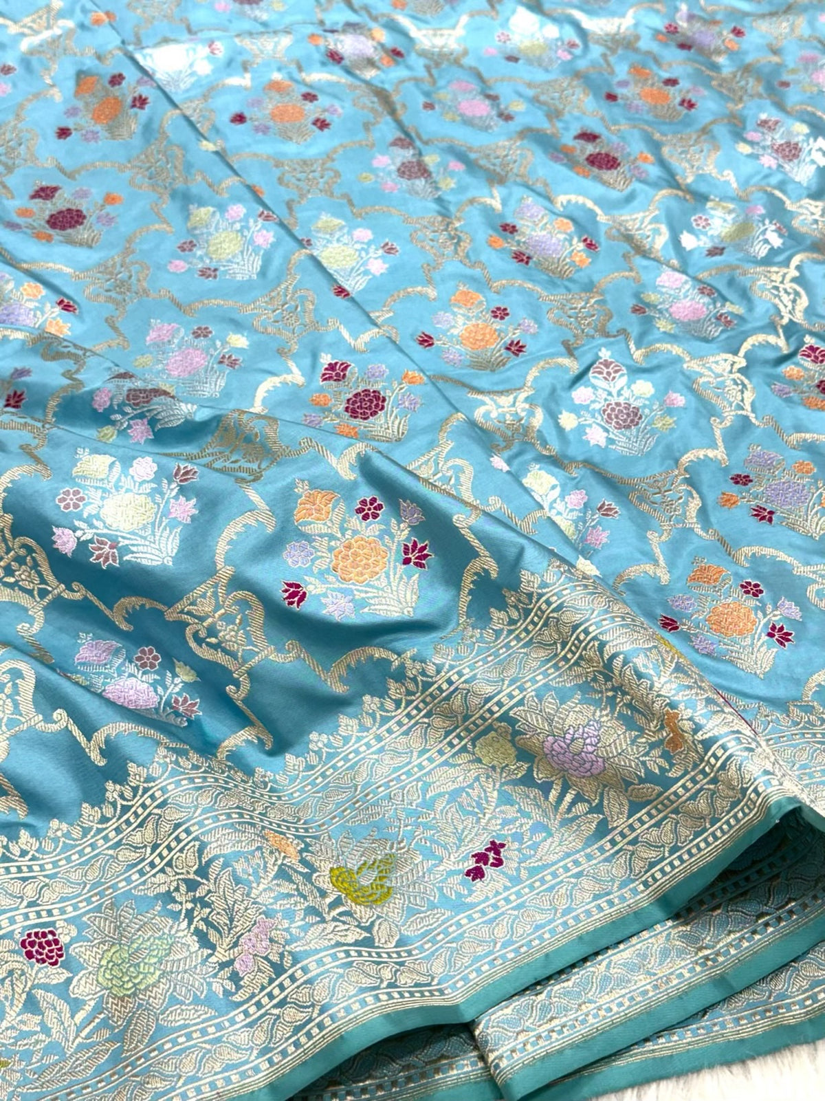 Sky Blue Pure Mulberry Double Katan Silk | Kadhwa Weave | Handwoven Premium Modern Banarasi Saree - Persian Jaal