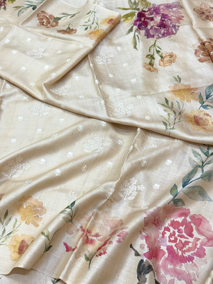 Ivory Pure Tussar Silk Handloom Printed with Embroidery Banarasi Saree - Soft Lightweight Banarasi Saree