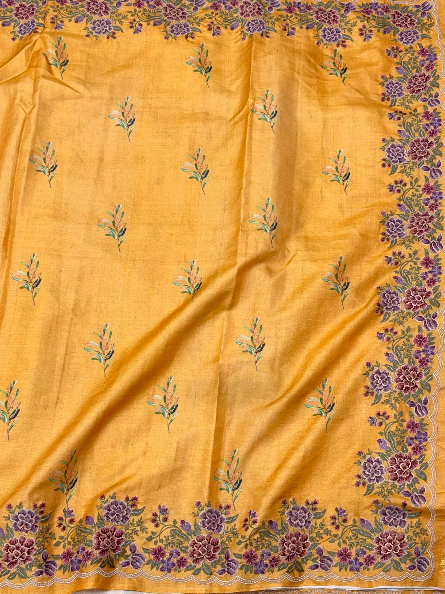 Mustard Yellow Pure Tussar Silk Handloom Printed with Embroidery Banarasi Saree - Soft Lightweight Banarasi Saree