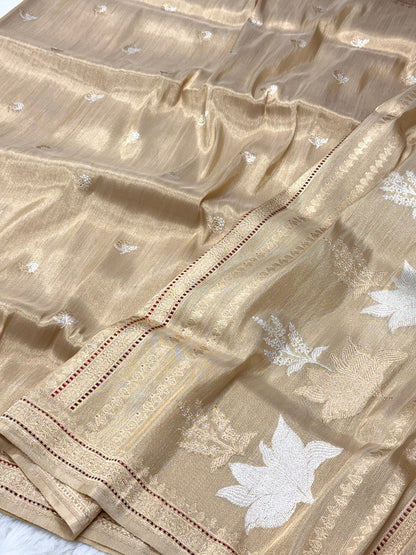 Beige Pure Katan Tissue Silk Handwoven Banarasi Saree |Ektara Weave|