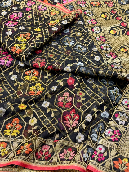 Black Pure Kora Organza Silk Jamdani Ektara Weave Handloom Banarasi Saree