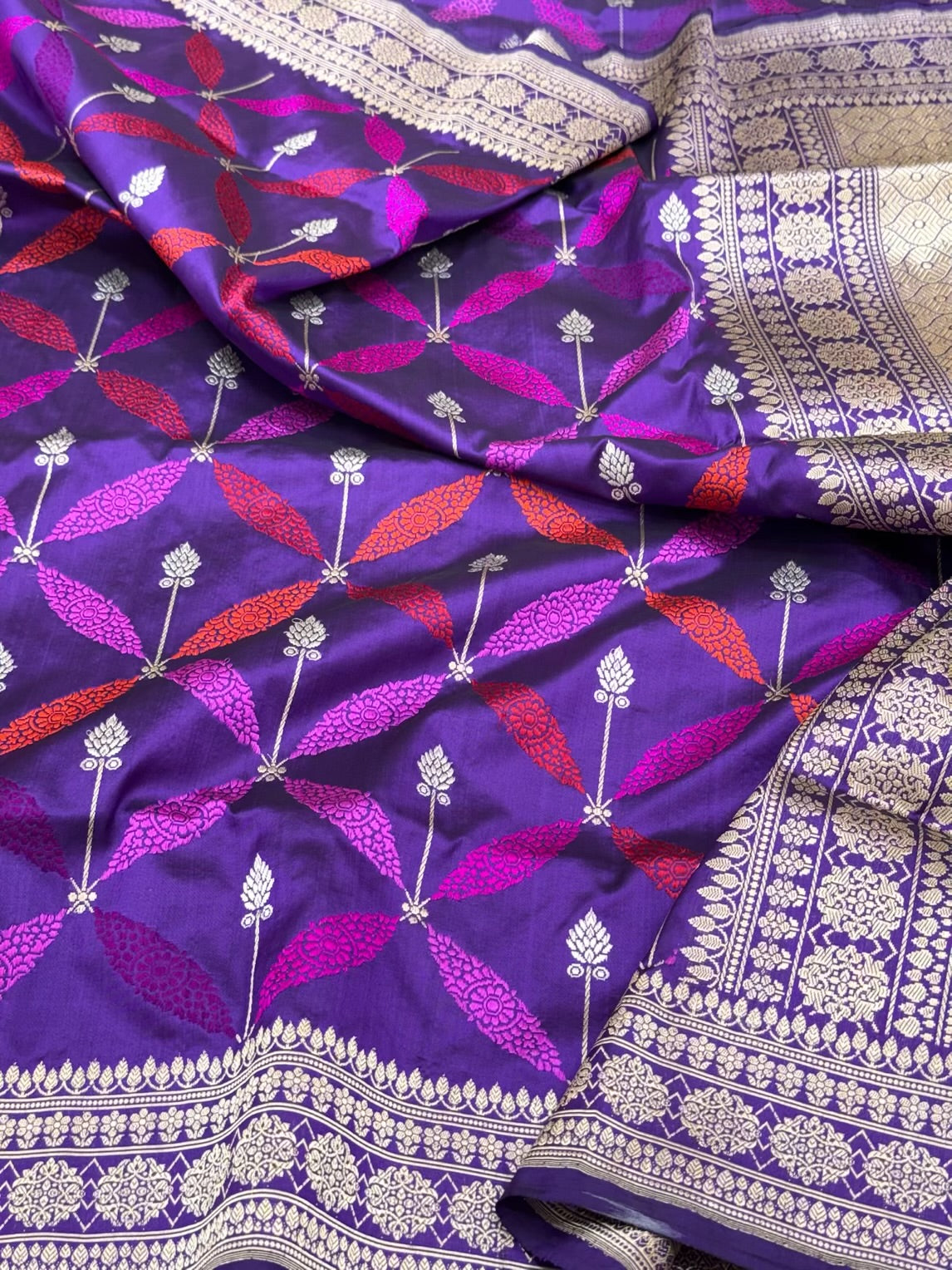 Purple Banarasi Pure Silk Saree | Kadhwa Technique - 100% Pure Katan Mulberry Silk | Handwoven Banarasi Saree