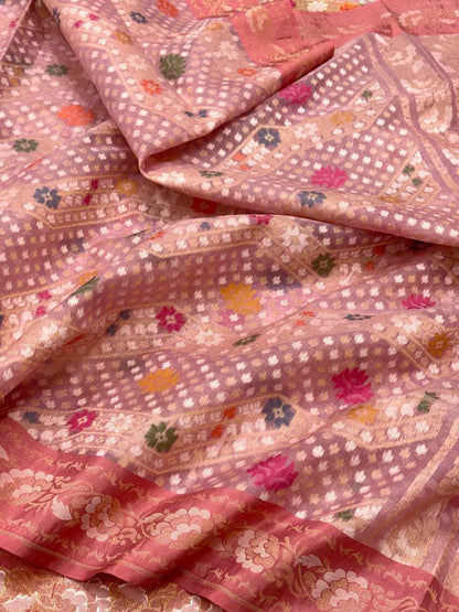 Mauve Pink Pure Mulberry Kora Silk ( Organza ) Handloom Ektara Jamdani Banarasi Saree