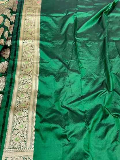 Bottle Green Pure Katan Mulberry Silk Handloom Banarasi Saree