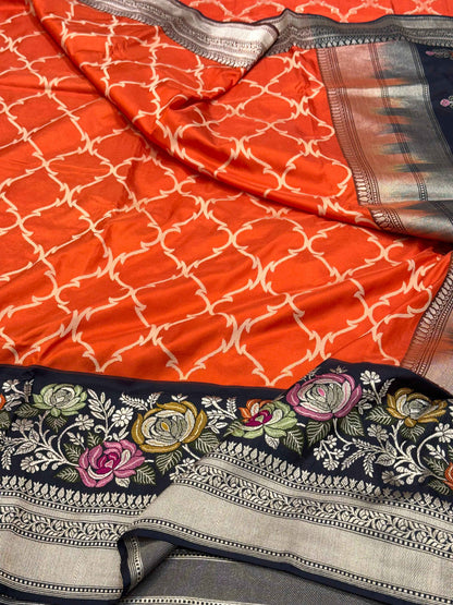 Orange/Black Pure Mulberry Katan Silk Handwoven Banarasi Saree