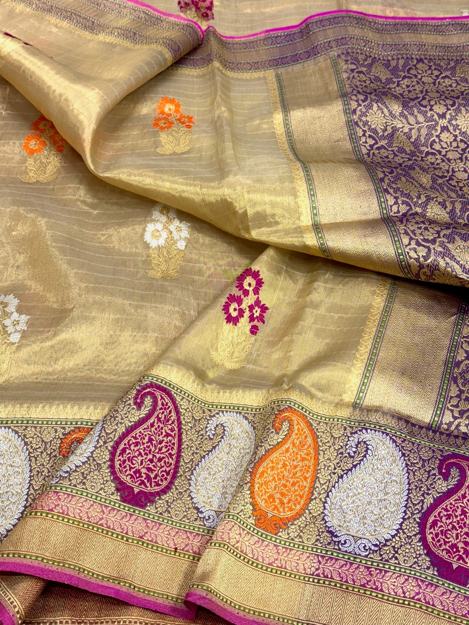 Molten Gold Pure Katan Tissue Ektara Weave Handwoven Saree