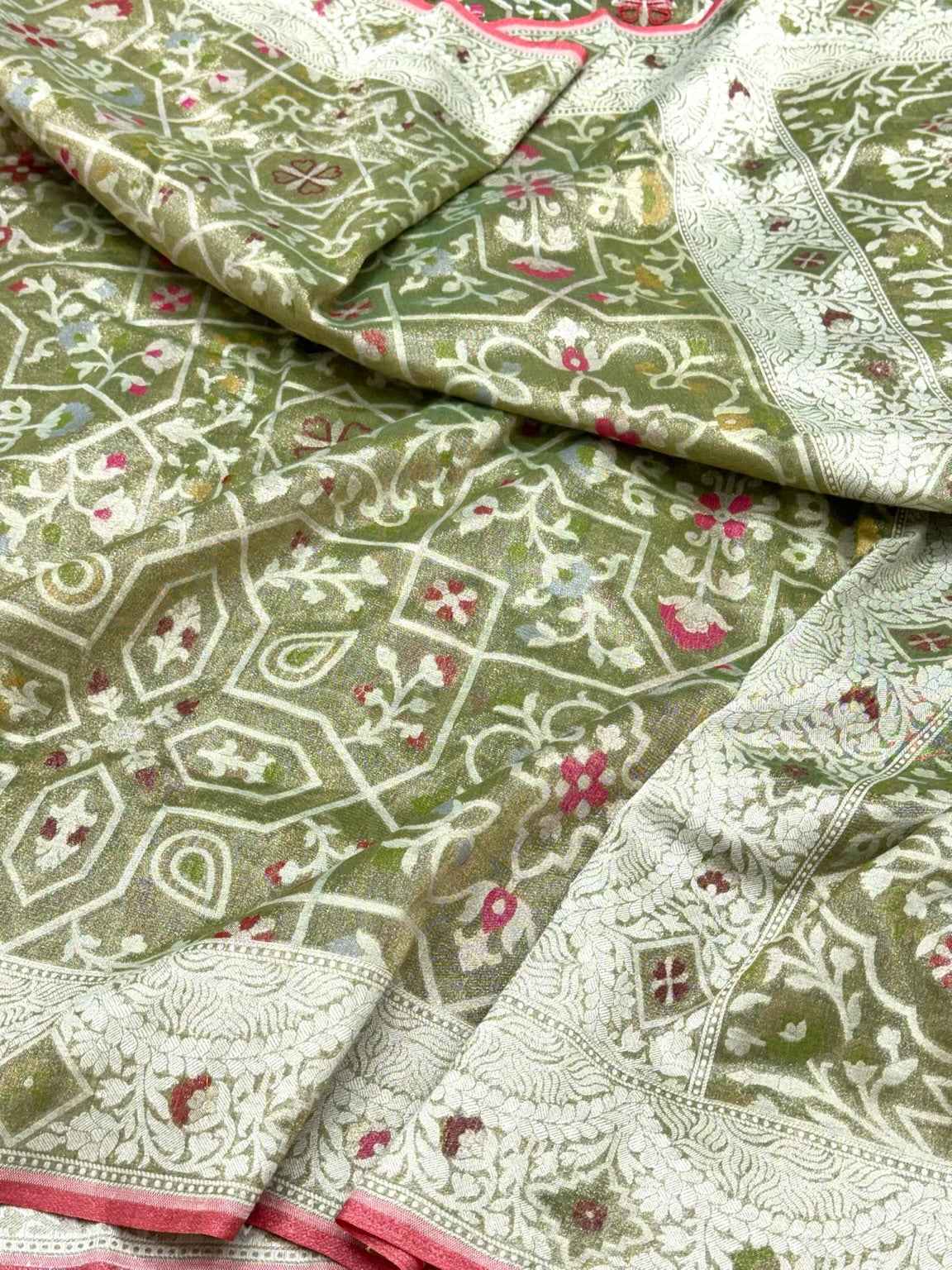 Mehendi Green Pure Kora Silk | Pure Tissue Silk Handloom Banarasi Saree