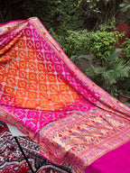 Orange Pure Chiffon Khaddi Georgette Bandhej Handwoven Saree