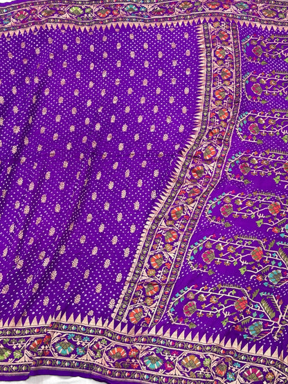 Purple Pure Chiffon Georgette Handloom Banarasi Bandhej Saree - Six Yards Elevated
