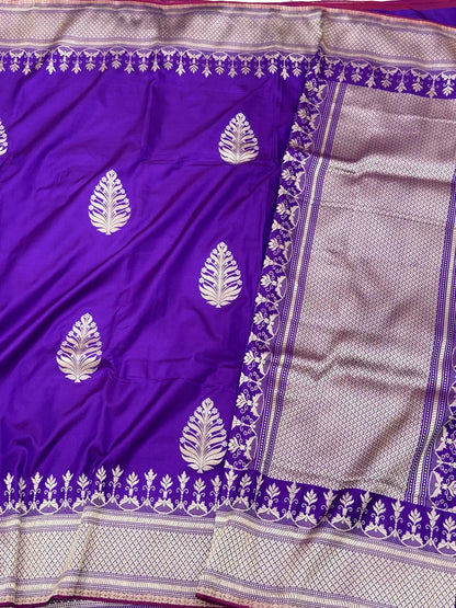 Purple Pure Mulberry Katan Silk Handwoven Authentic Banarasi Saree - Kadhwa Technique