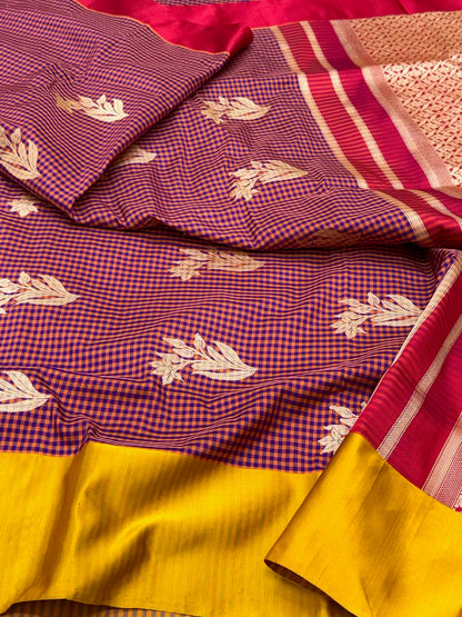 Purple/Orange Check Pure Katan Mulberry Silk Handwoven Banarasi Contemporary Saree | Kadhwa Technique | The Modern Royal