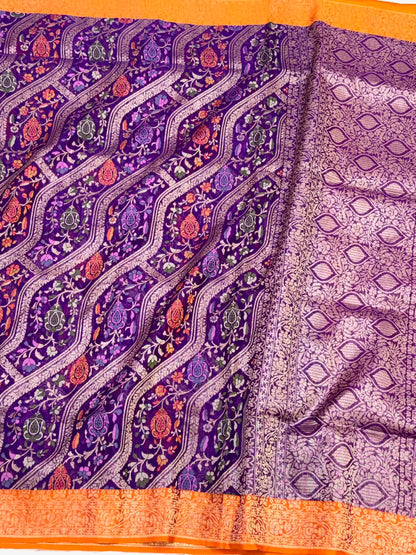 Purple Pure Kora Silk & Pure Mulberry Silk Jamdani Handloom Banarasi Saree - Ektara Technique