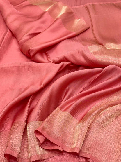 Peach Pink Modern Pure Double Silk Tissue Handwoven Contemporary Banarasi Soft Saree