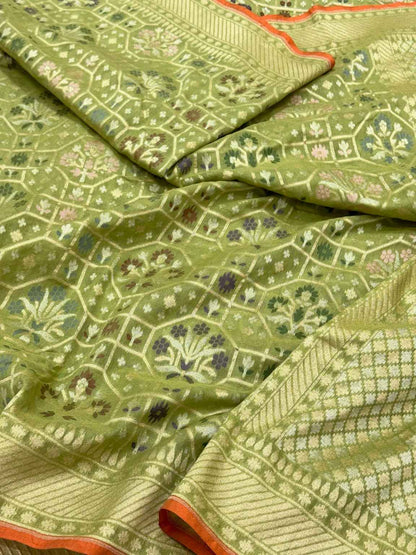 Pista Green Pure Muslin Cotton Tissue Jamdani - Ektara Weave Handloom Modern Banarasi Saree