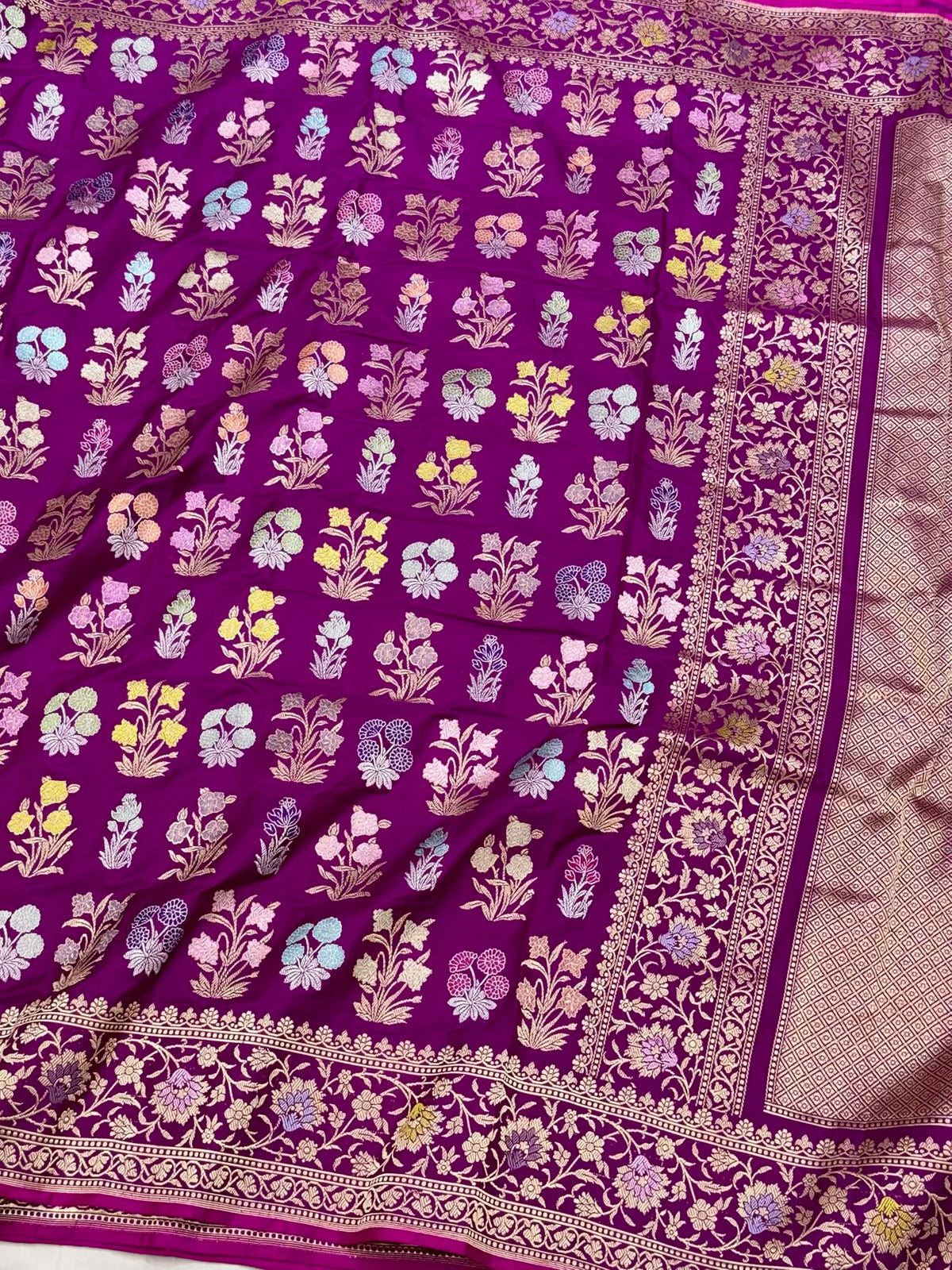 Purple Banarasi Pure Double Katan Mulberry Silk Handwoven Modern Saree | Kadhwa Technique