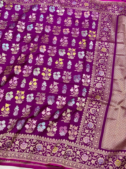Purple Banarasi Pure Double Katan Mulberry Silk Handwoven Modern Saree | Kadhwa Technique