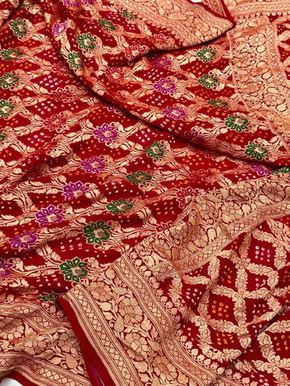 Red Pure Chiffon Georgette Soft Drape Lightweight Bandhej Saree | Handloom Contemporary Banarasi Saree