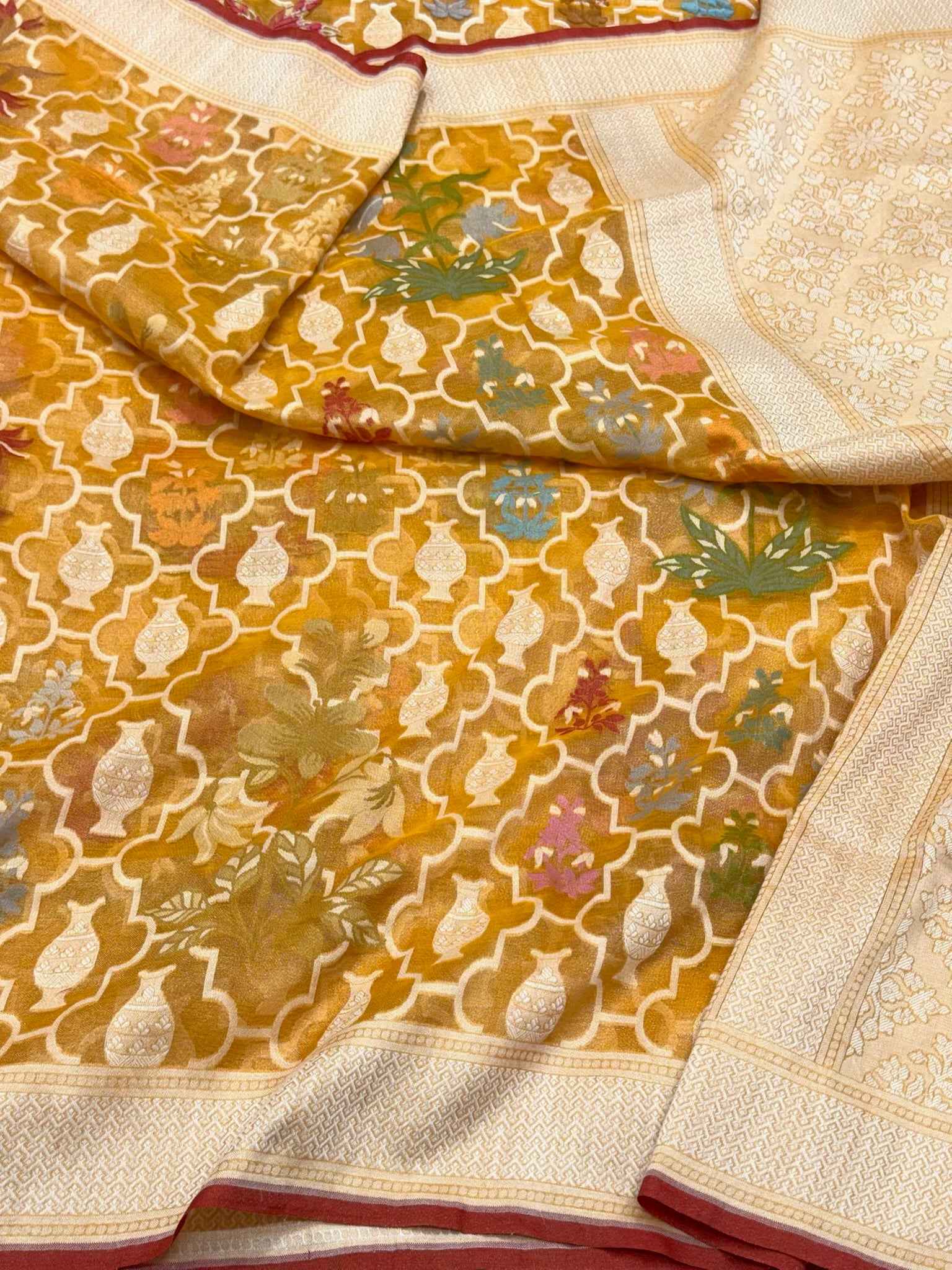 Mustard Yellow Pure Muslin Cotton & Tissue Jamdani | Ektara Weave | Handloom Banarasi Saree