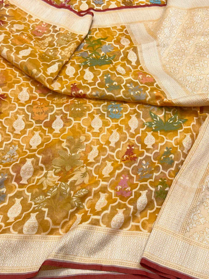 Mustard Yellow Pure Muslin Cotton & Tissue Jamdani | Ektara Weave | Handloom Banarasi Saree