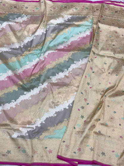 Ivory Authentic Pure Katan Mulberry Silk - Kadhwa Rangkaat Handwoven Luxury Banarasi  Saree