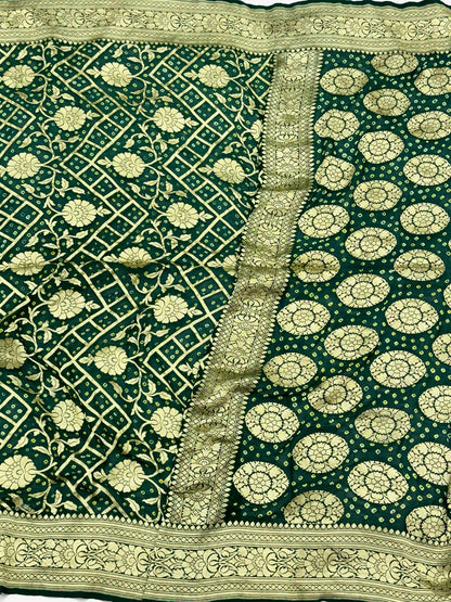 Emerald Green Pure Chiffon Georgette Banarasi Bandhej Saree