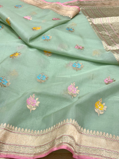 Sea Green Pure Mulberry Kora Silk Handwoven Banarasi Saree | Kadhwa Technique | The Art Of Draping